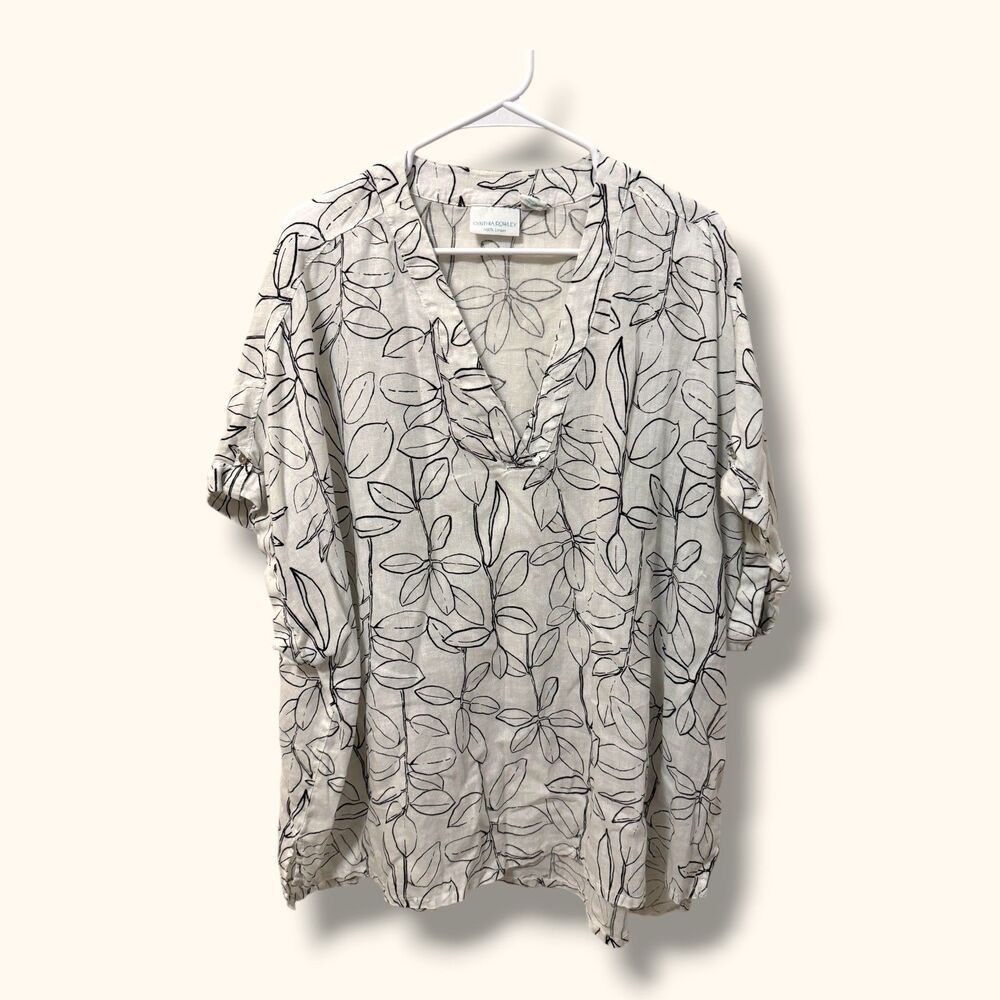 Cynthia Rowley Tunic Womens 3X White Leaf Print Linen V-Neck Roll Tab Sleeve